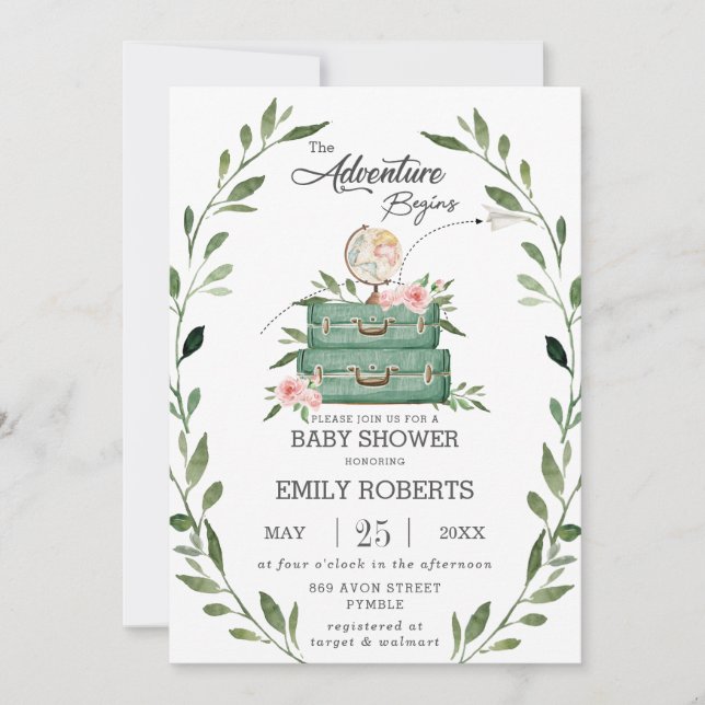 Invitation Floral Green Adventure Baby shower Voyage (Devant)