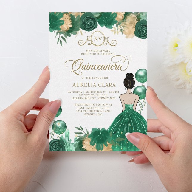 Invitation Floral Green Gold Princess XV Quinceañera Annivers (Créateur téléchargé)