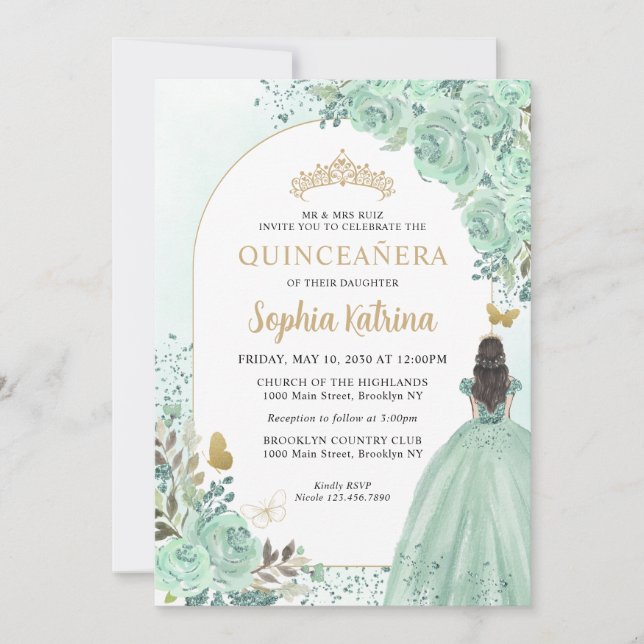 Invitation Floral Green Gold Princesse Anniversaire Quinceane (Devant)