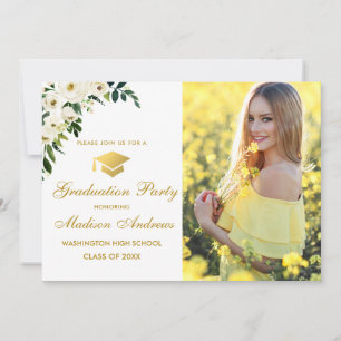 Invitation Floral Green Photo Gold Graduation Party Invitatio