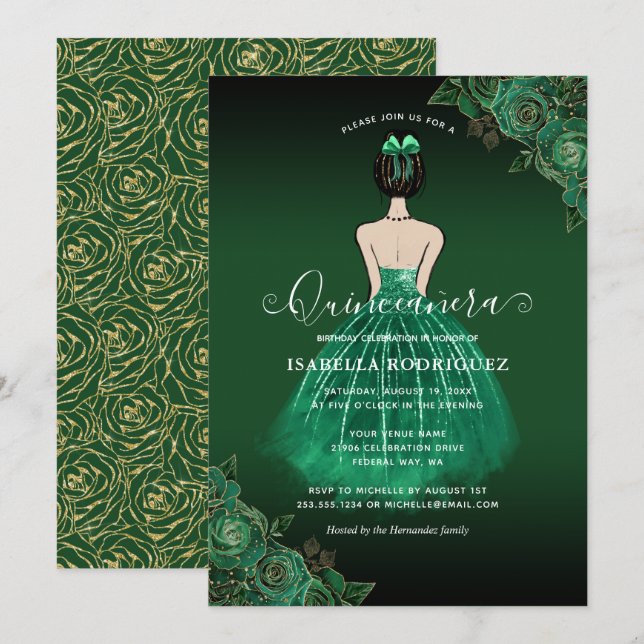 Invitation Floral Green Princess Gold Anniversaire Quinceañer (Devant / Derrière)