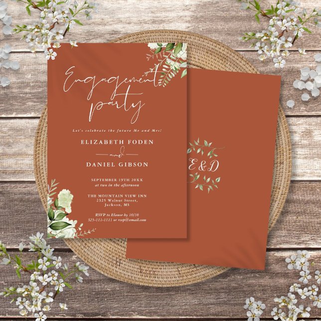 Invitation Floral Green Terracotta Partie d'engagement (Floral Greenery Terracotta Engagement Party Invitation)