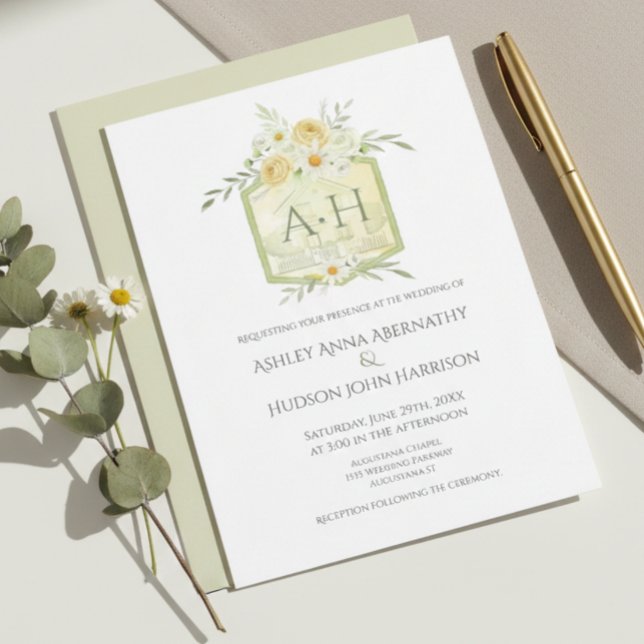 Invitation Floral Green Watercolor Monogram Crest Wedding  (Créateur téléchargé)