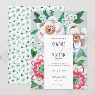 Invitation Floral gris rose moderne fleurs peintes mariage