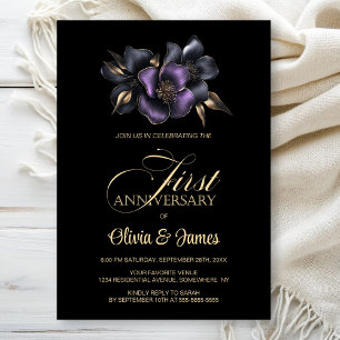 Invitation Floral gris violet noir 1er anniversaire Mariage