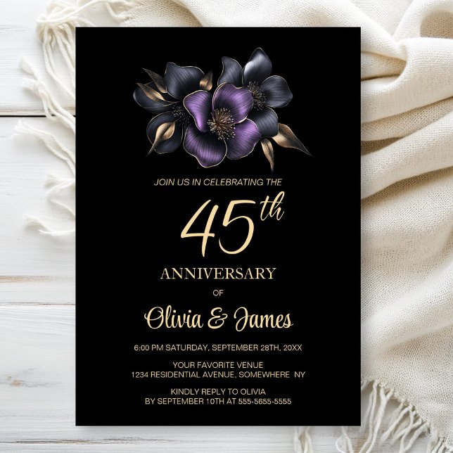 Invitation Floral gris violet noir 45e anniversaire (Créateur téléchargé)