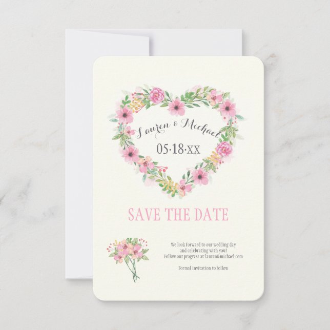 Invitation Floral Heart Sauve La Date Annonce (Devant)