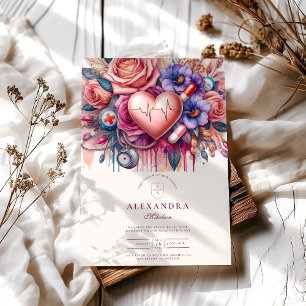 Invitation Floral Heartbeat Infirmière Graduation avec Stetho