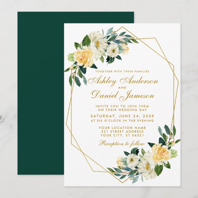 Invitation Floral Jaune Chasseur d'or Vert Mariage géométriqu (Devant / Derrière)