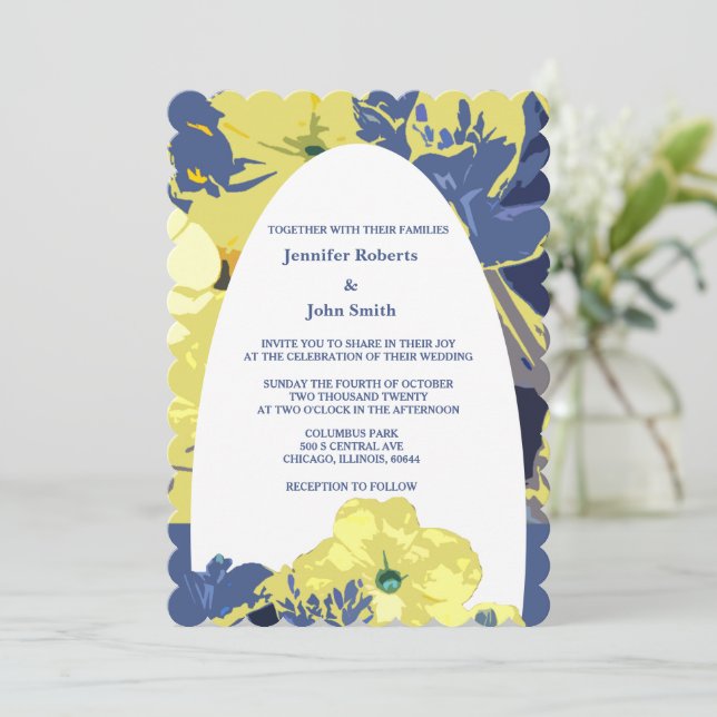 Invitation Floral Jaune Dusty Bleu Personnalisé Arc Mariage (Debout devant)