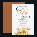 Invitation Floral jaune et cuivre Surprise 60e anniversaire<br><div class="desc">Cette invitation a une élégance aérée qui est parfaite pour votre événement spécial. Ce design présente des fleurs jaunes douces et une typographie personnalisée sur un arrière - plan blanc immaculé. L'envers est riche en cuivre. Ajoutez vos informations pour compléter le look.</div>