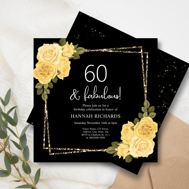 Invitation Floral Jaune Noir & Or 60e anniversaire (Créateur téléchargé)