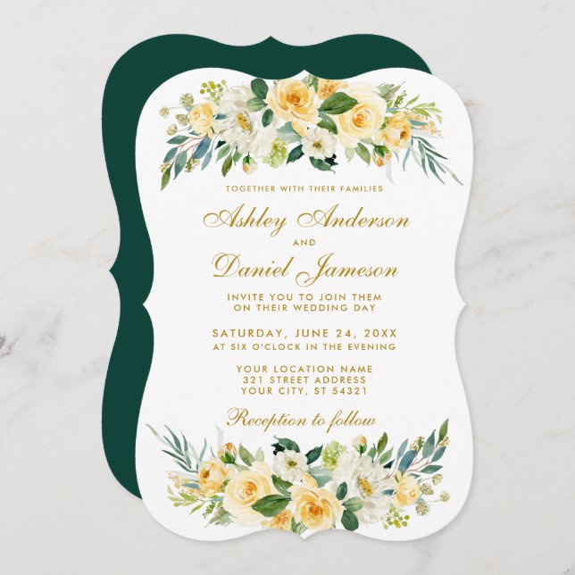Invitation Floral Jaune Or Chasseur blanc Mariage vert (Devant / Derrière)