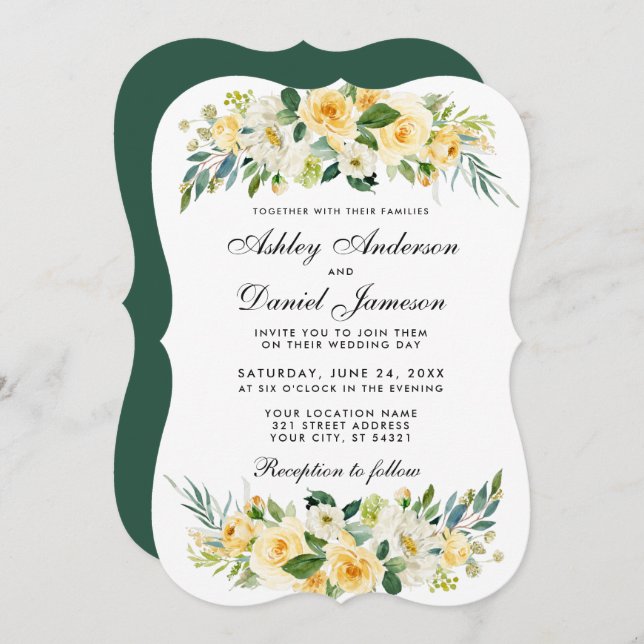 Invitation Floral Jaune Or Vert Mariage blanc (Devant / Derrière)