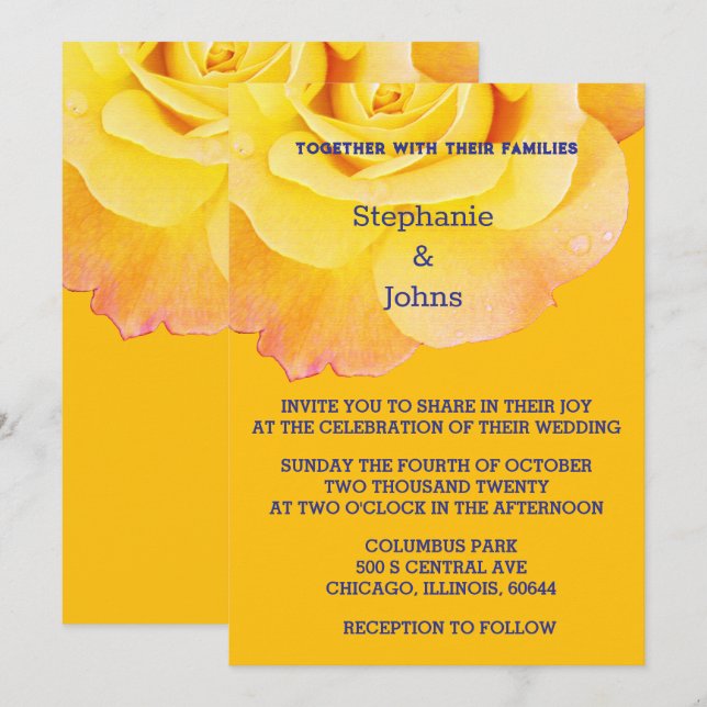 Invitation Floral Jaune Orange Rose Marine Blue Boho Mariage (Devant / Derrière)
