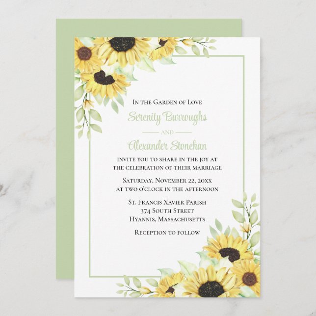 Invitation Floral Jaune Vert Aquarelle Mariage (Devant / Derrière)