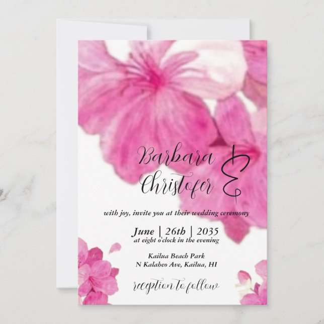 Invitation Floral, joli hibiscus fuchsia Mariage (Devant)