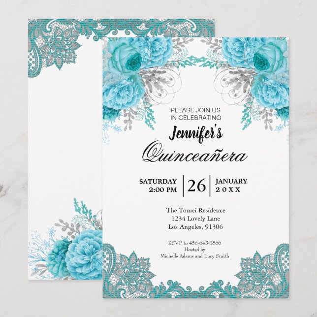 Invitation Floral Lace Quinceanera (Devant / Derrière)