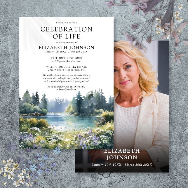 Invitation Floral Lake Celebration Of Life Photo Funeral (Floral Lake Celebration Of Life Photo Funeral Invitation)