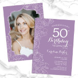 Invitation Floral Lavender Purple Photo 50e fête d'anniversai<br><div class="desc">Dusty rose Floral Photo 50th Birthday Party Invitation. Design moderne minimaliste avec accents de dessin botanique et police de script de typographie. Carte invitation simple et tendance,  parfaite pour une célébration anniversaire élégante. Peut être customisé à n'importe quel âge. Invitations Zazzle imprimées ou téléchargement instantané modèle imprimable numérique.</div>