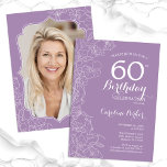 Invitation Floral Lavender Purple Photo 60e fête d'anniversai<br><div class="desc">Plats de lavande violette fleurie 60e invitation à la fête d'anniversaire avec votre photo au verso de la carte. Design moderne élégant avec accents de dessin botanique et police de script de typographie. Carte invitation simple et tendance, parfaite pour une célébration anniversaire élégante. Peut être customisé à n'importe quel âge....</div>