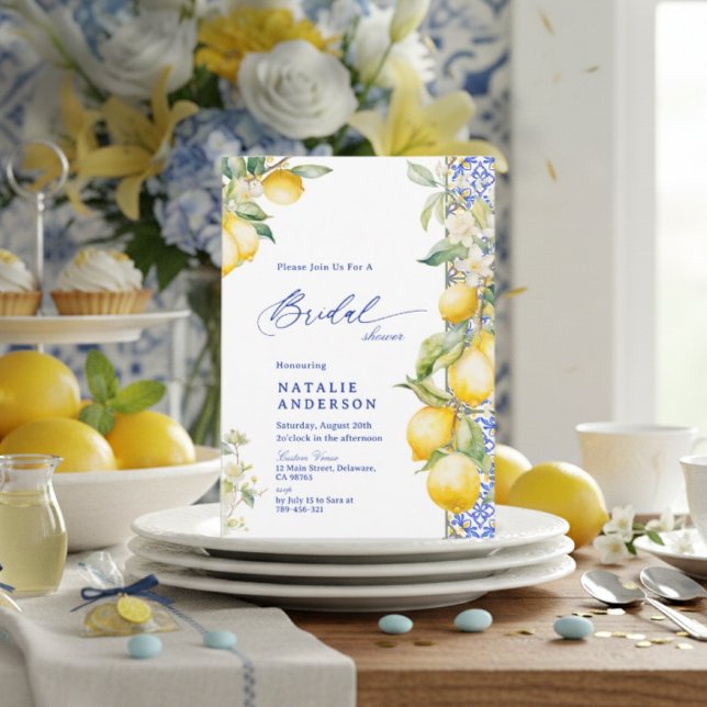 Invitation Floral Lemon Mediterranean Blue Tile Bridal Shower (Floral Lemon Mediterranean Blue Tile Bridal Shower Invitation)