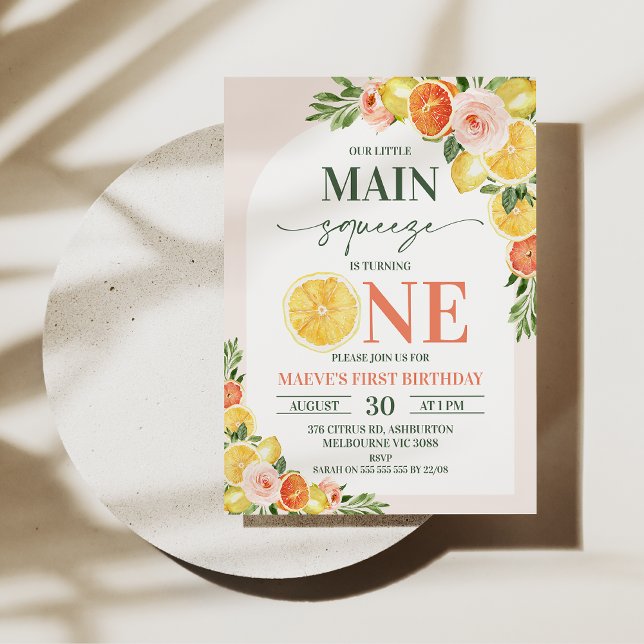 Invitation Floral Lemon Orange Notre principal Squeeze 1er an (Our main squeeze is turning one 1st birthday invitation featuring lemons, oranges and flowers.)