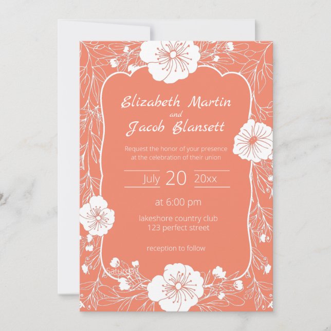 Invitation Floral Line Art Blanc et Mariage Saumon (Devant)