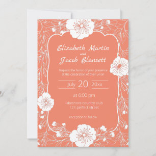 Invitation Floral Line Art Blanc et Mariage Saumon