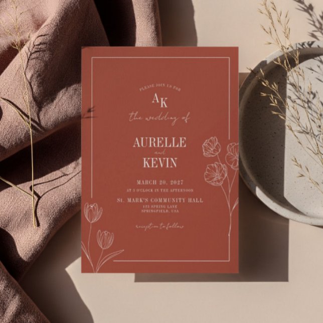 Invitation Floral Line Art Rustic Terracota Elegant Wedding  (Créateur téléchargé)