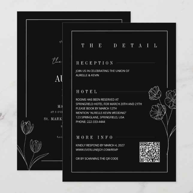 Invitation Floral Line Rustic Black Elegant All in Wedding  (Devant / Derrière)