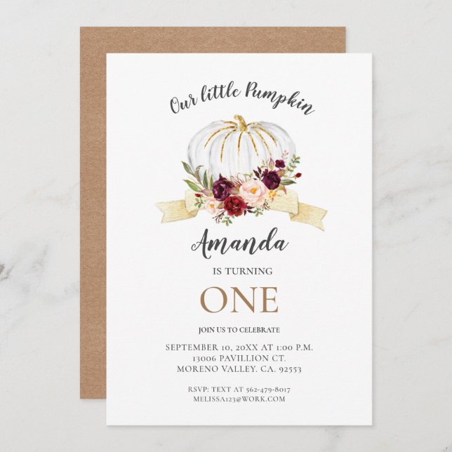 Invitation Floral Little Citrouille fête son anniversaire (Devant / Derrière)