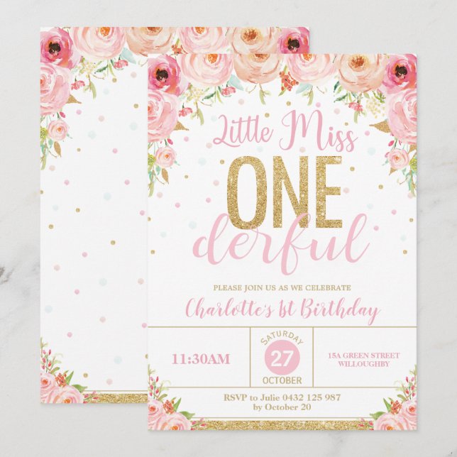 Invitation Floral Little Miss Onederful 1er Anniversaire Or (Devant / Derrière)