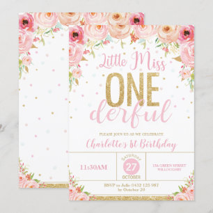 Invitation Floral Little Miss Onederful 1er Anniversaire Or