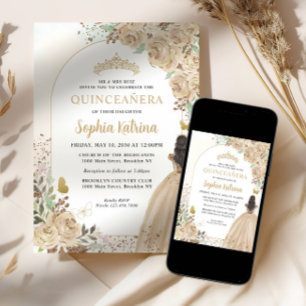 Invitation Floral Lumière or princesse Anniversaire Quinceane
