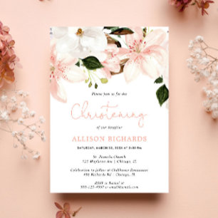 Invitation Floral Lys Christening rose pâle blanc vert