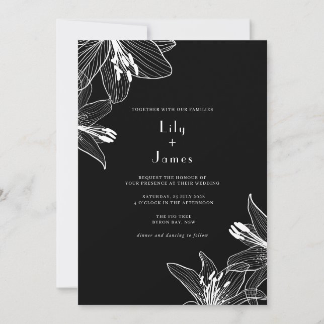 Invitation Floral Lys Mariage noir et blanc (Devant)