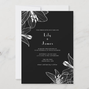Invitation Floral Lys Mariage noir et blanc