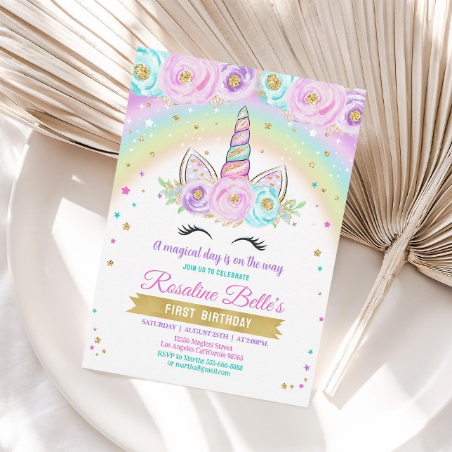 Invitation Floral Magic Arc-en-ciel Unicorn Anniversaire (Créateur téléchargé)
