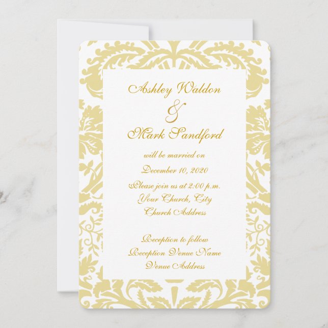 Invitation Floral Mariage damassé Gold Cream (Devant)