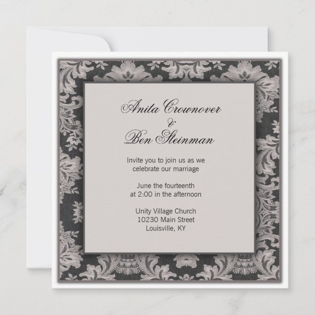 Invitation Floral mariage damassé noir et argent (Devant)