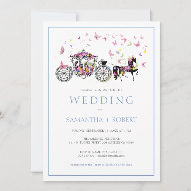 Invitation Floral Mariage Horse Carriage Papillons Mariage (Devant)
