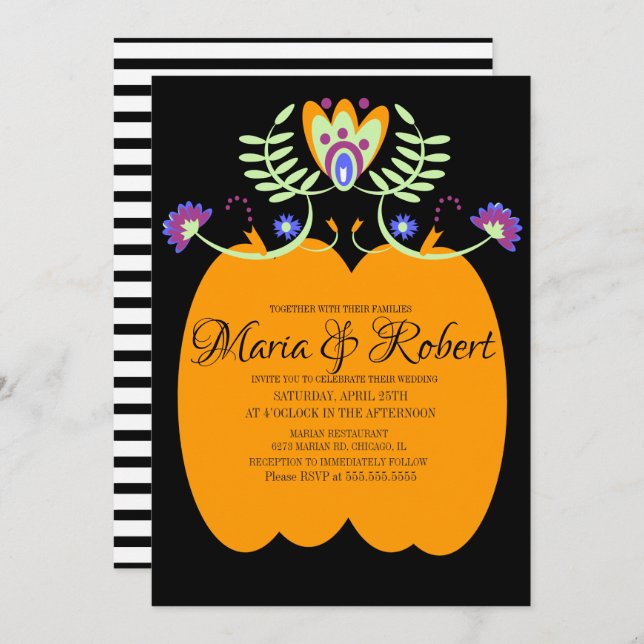 Invitation Floral Mariage mexicain | Citrouille Halloween (Devant / Derrière)