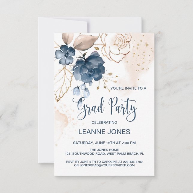 Invitation Floral marine bleu Graduation Party (Devant)