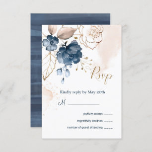 Invitation Floral marine bleu & or réponse Mariage