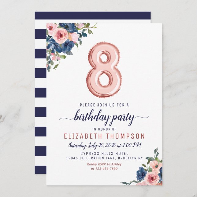 Invitation Floral Marine Blush Rose Gold Balloon 8e anniversa (Devant / Derrière)