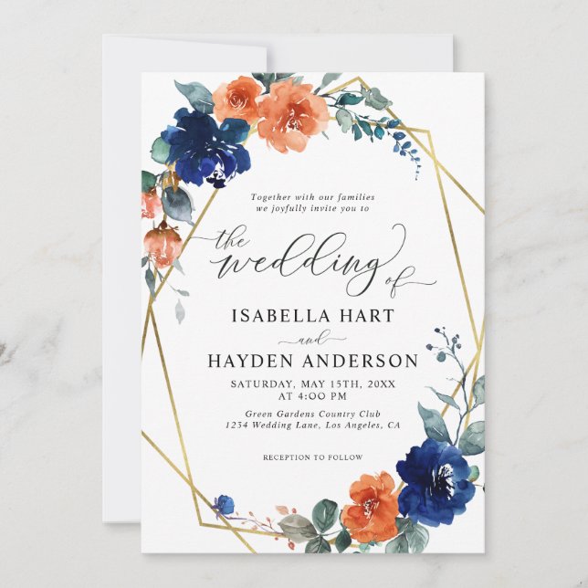 Invitation Floral Marine Burn Orange rouille Mariage d'huile  (Devant)
