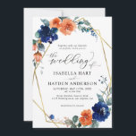 Invitation Floral Marine Burn Orange rouille Mariage d'huile<br><div class="desc">Elégant faire-part de mariage d'aquarelle fleurie. Beau faire-part de mariage floral moderne avec des fleurs peintes à la main en bleu marine et orange brûlé avec élégant script de calligraphie et cadre en feuille d'or numérique. Vous pouvez personnaliser le libellé, le style de police, la couleur et la taille devant...</div>