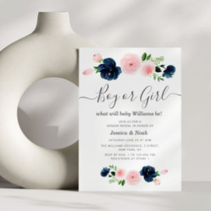 Invitation floral marine et blush bébé genre révéler
