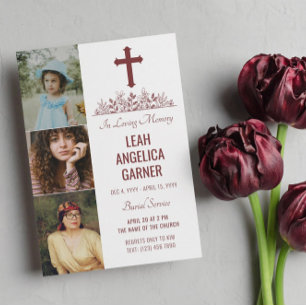 Invitation Floral Maroon Cross 3 Photos White Burial Service